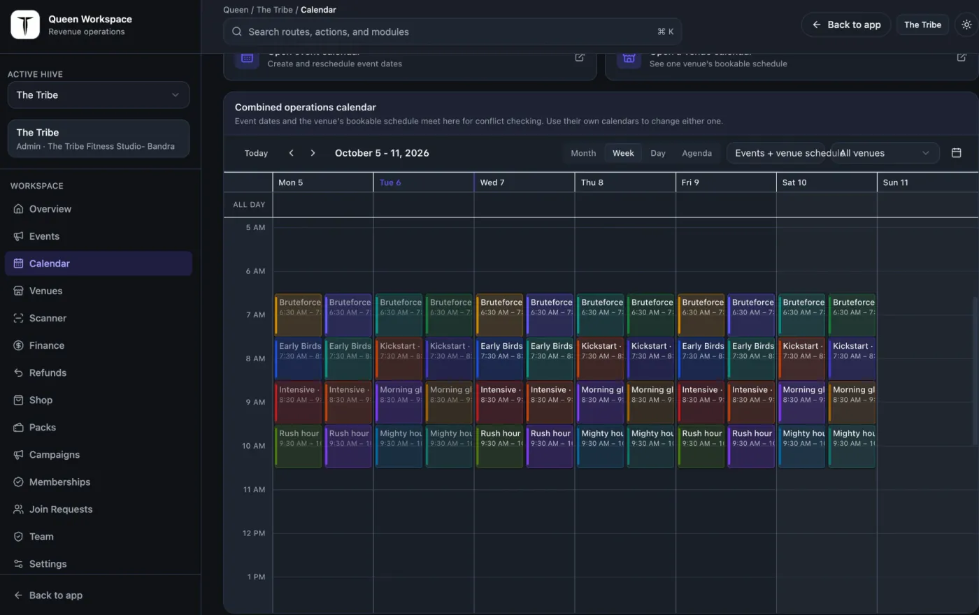 Hiive's combined operations calendar in week view, showing recurring sessions across seven days so event dates and venue schedules can be checked for conflicts