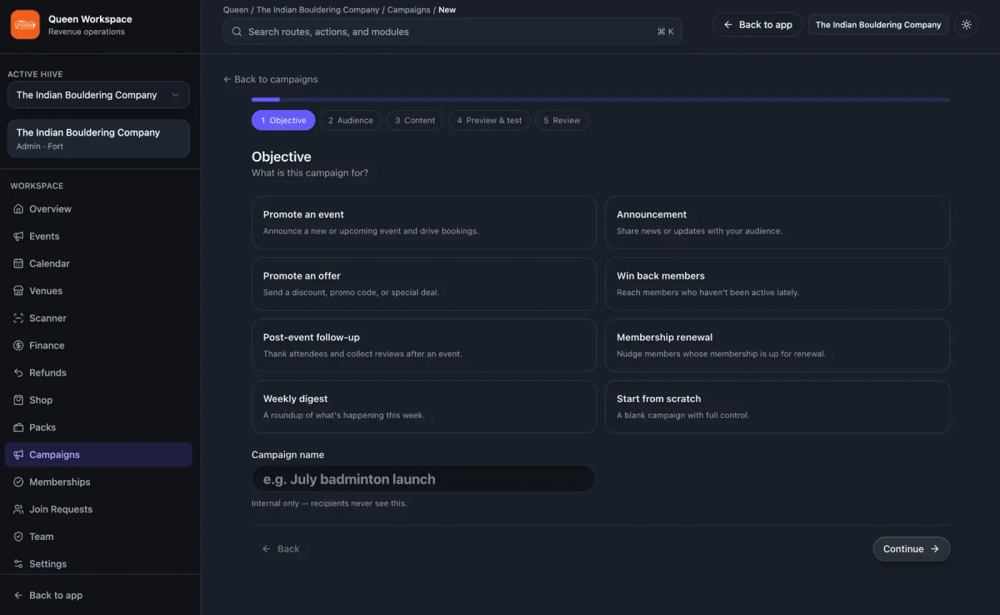 Creating a campaign in Hiive: choose an objective such as promote an event, announcement, offer, win back members, post-event follow-up, membership renewal or weekly digest