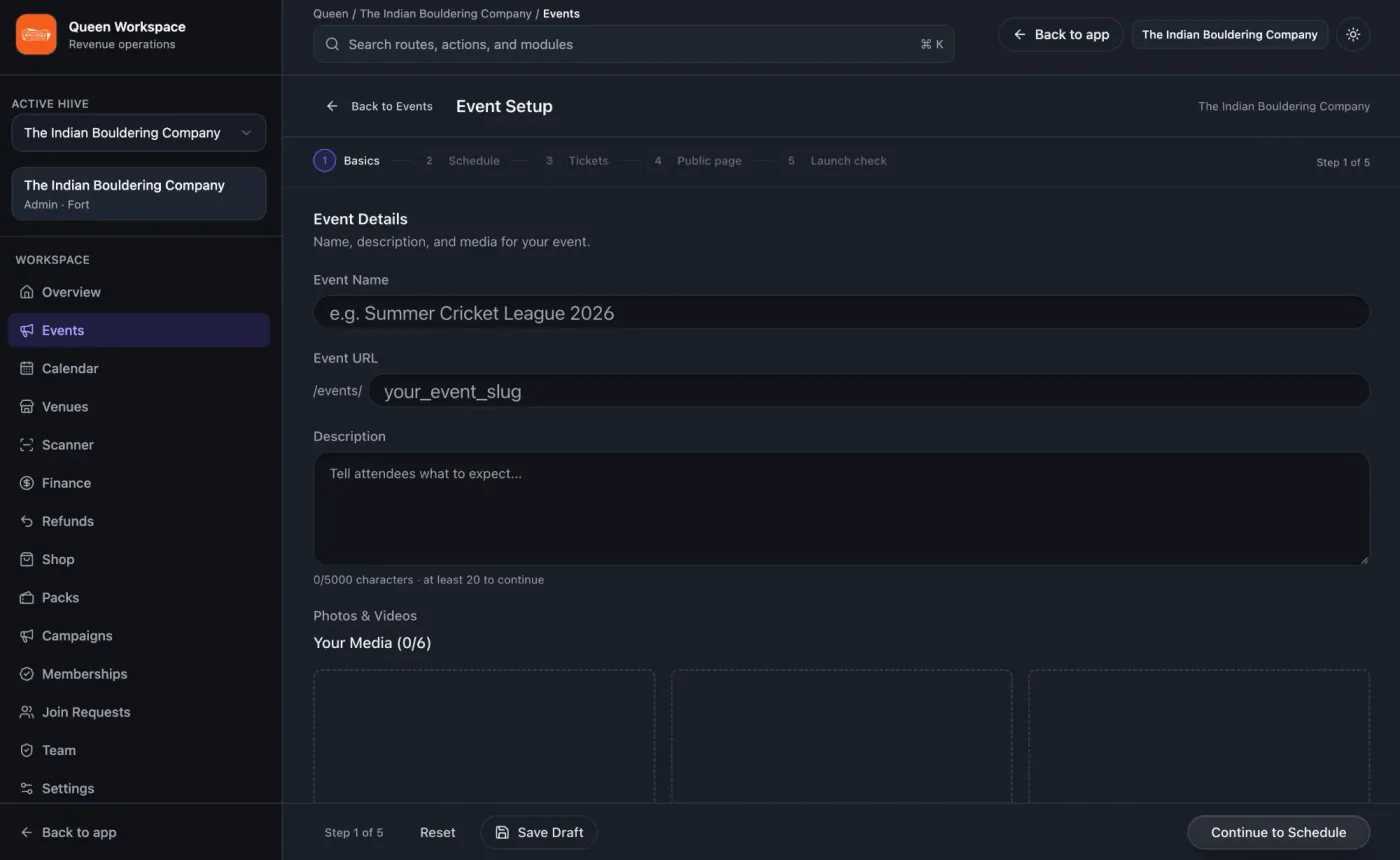 Hiive's five-step event setup — Basics, Schedule, Tickets, Public page and Launch check — open on the event name, URL, description and media fields