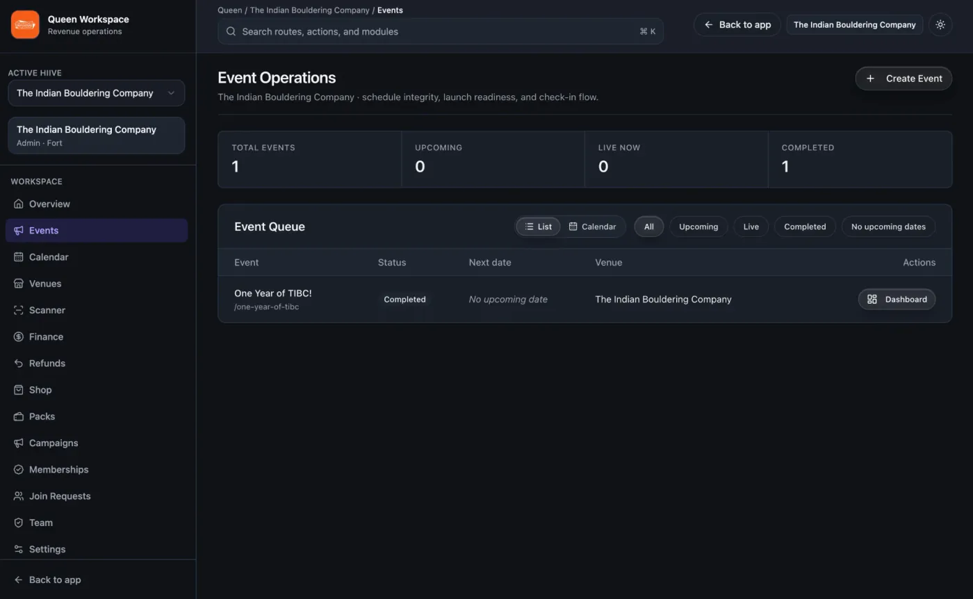 The Hiive event operations queue with totals for upcoming, live and completed events, list and calendar views, and each event's status, next date and venue