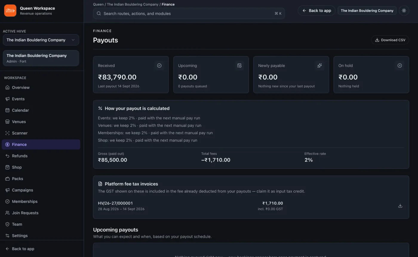 Hiive payouts: received, upcoming, newly payable and on-hold amounts, how the payout is calculated, platform fee tax invoices and upcoming payouts