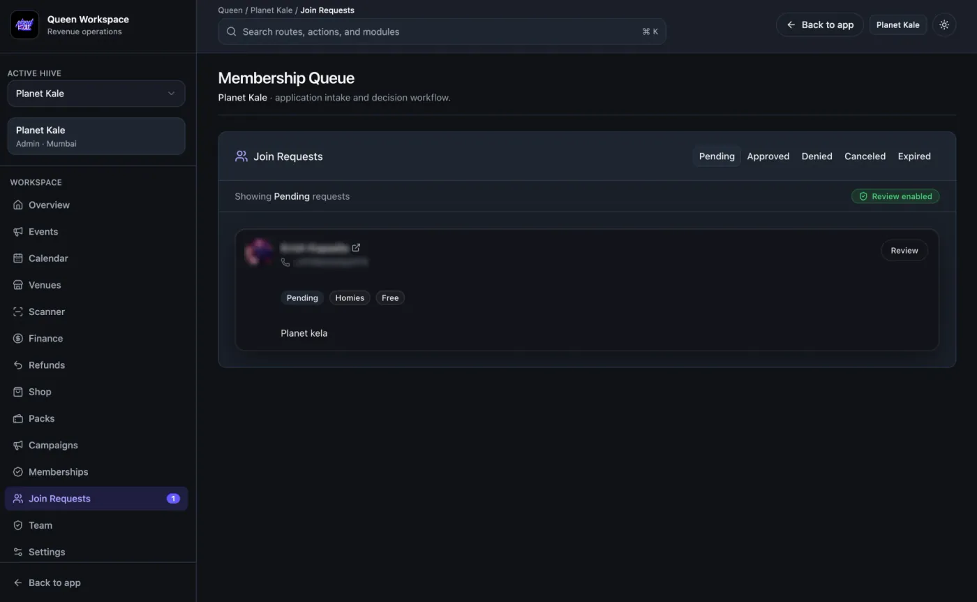 Hiive's membership queue showing a pending join request with its tier and application answer, filterable by pending, approved, denied, cancelled and expired; personal details are blurred