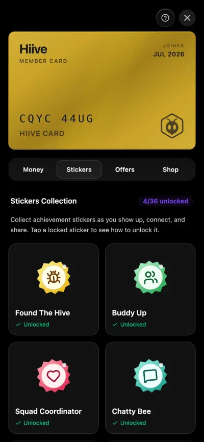 The Hiive member card with its stickers collection and unlocked achievements
