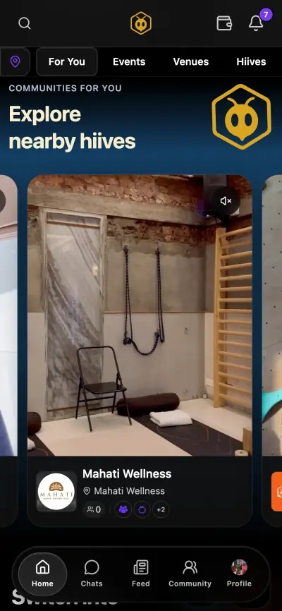 Browsing nearby Hiive communities, including a wellness studio with photos and members