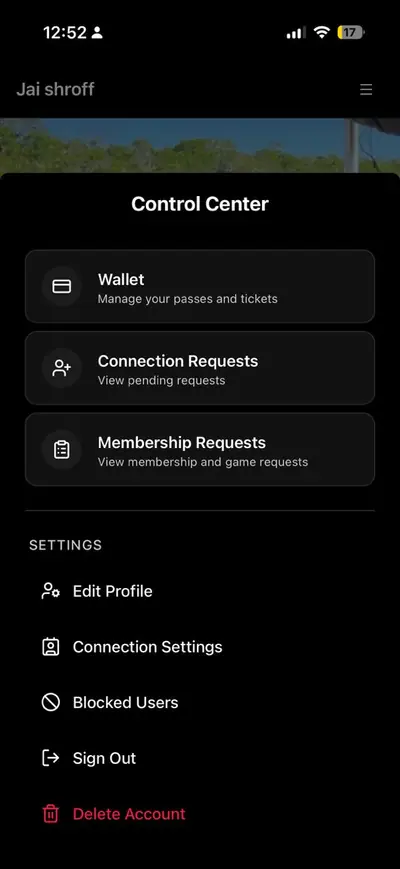 The profile menu open, with the Delete Profile option visible